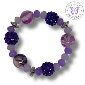 Handmade Silver Elastic Bracelet with Purple Iridescent and Gemstone Beads